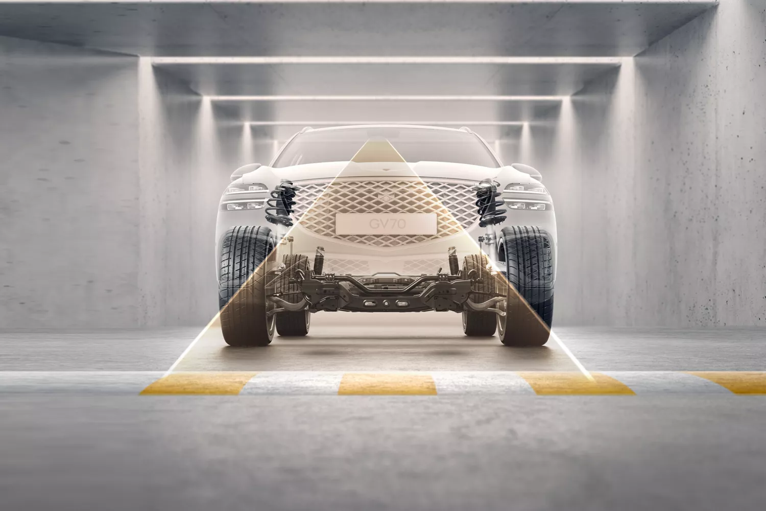 A transparent overlay of a Genesis GV70 SUV showing suspension and chassis, with a sensor beam, in a concrete garage.