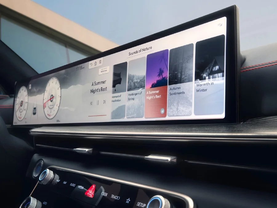 Awide digital display, and ambient strip lighting.