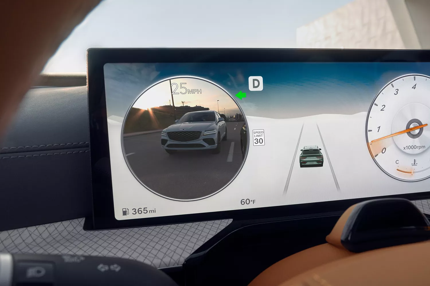 Interior view from the backseat of a car, showing the car's digital display with a white SUV on screen.