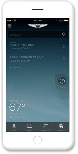 Smartphone displaying a car app with schedule, weather, and a remote start button.