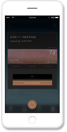 A white smartphone displays a meeting reminder, map, weather, and Send to Genesis button.