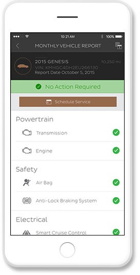 A phone displaying a Monthly Vehicle Report app screen, showing a 2015 Genesis with No Action Required and green checkmarks for all systems.