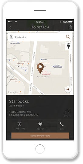 Smartphone displaying a map app with a Starbucks location, address, rating, and options to add to POI or send to Genesis.