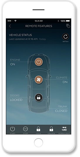 Smartphone screen displaying a car remote control app with engine on, climate on, doors locked, and trunk closed.